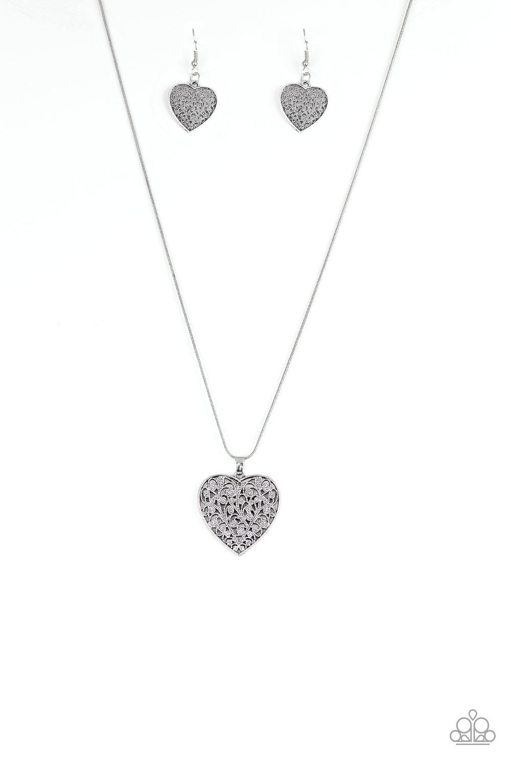Look Into Your Heart Silver Filigree Heart Necklace - Paparazzi Accessories- lightbox - CarasShop.com - Paparazzi Jewelry by Cara Jewels