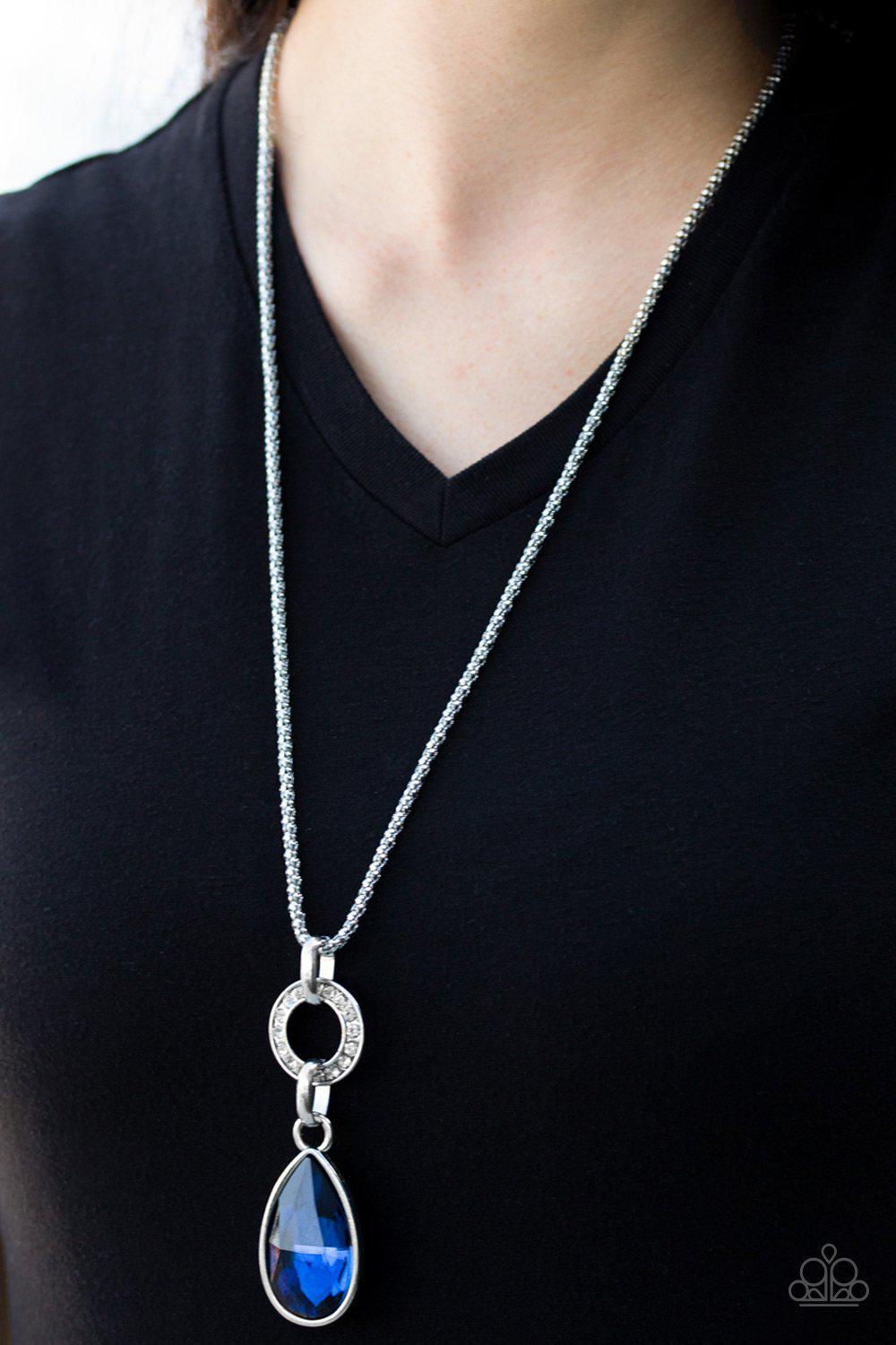 Lookin' Like a Million Sapphire Blue Teardrop Necklace and matching Earrings - Paparazzi Accessories- on model - CarasShop.com - Paparazzi Jewelry by Cara Jewels