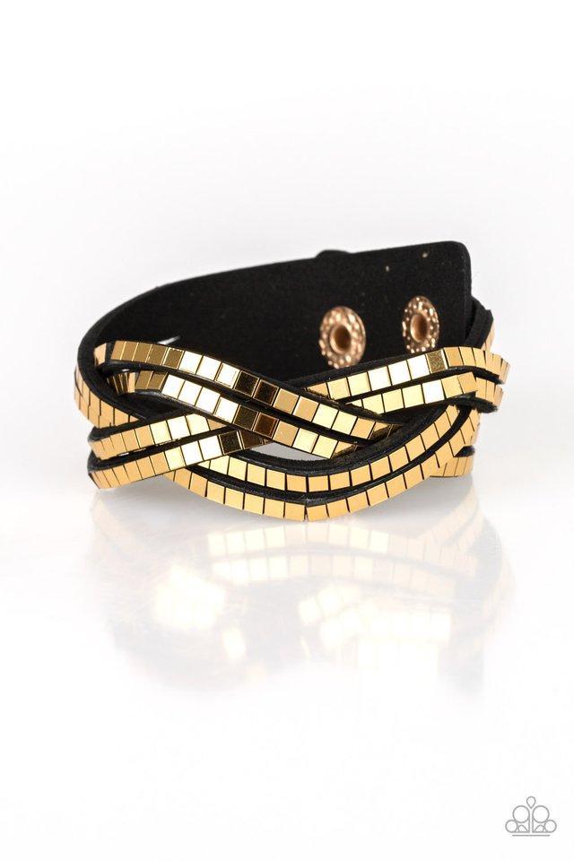 Looking For Trouble Gold and Black Suede Urban Wrap Snap Bracelet - Paparazzi Accessories- lightbox - CarasShop.com - Paparazzi Jewelry by Cara Jewels