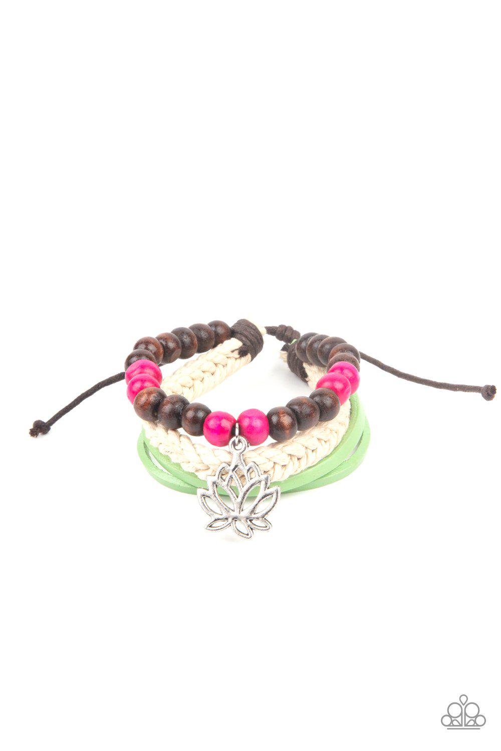 Lotus Beach Pink, Wood and Green Leather Urban Knot Bracelet - Paparazzi Accessories- lightbox - CarasShop.com - Paparazzi Jewelry by Cara Jewels