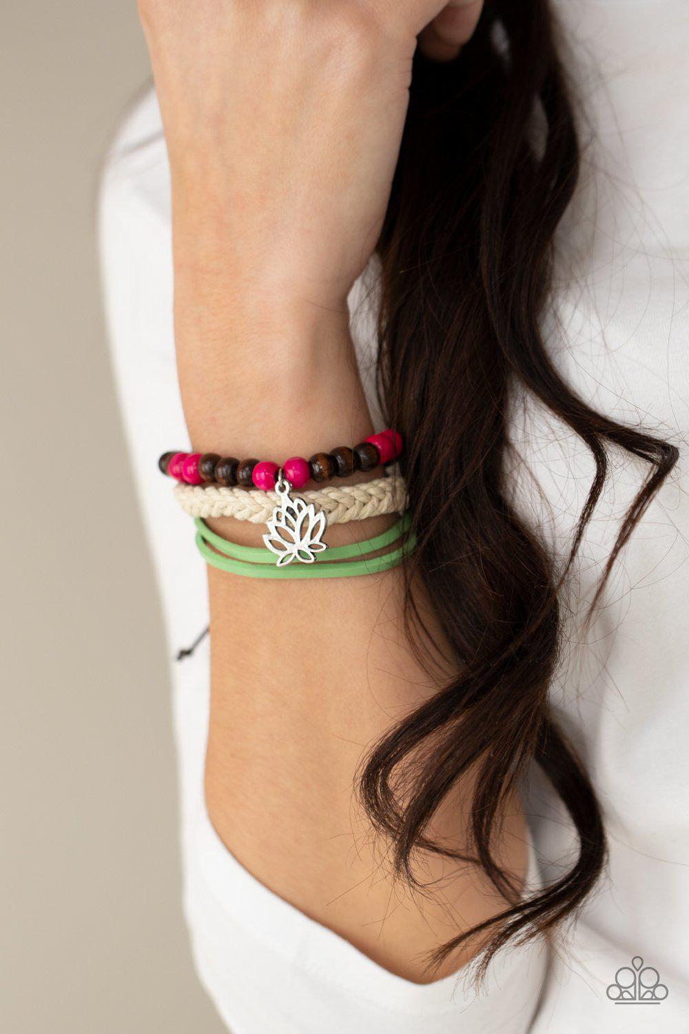 Lotus Beach Pink, Wood and Green Leather Urban Knot Bracelet - Paparazzi Accessories- on model - CarasShop.com - Paparazzi Jewelry by Cara Jewels