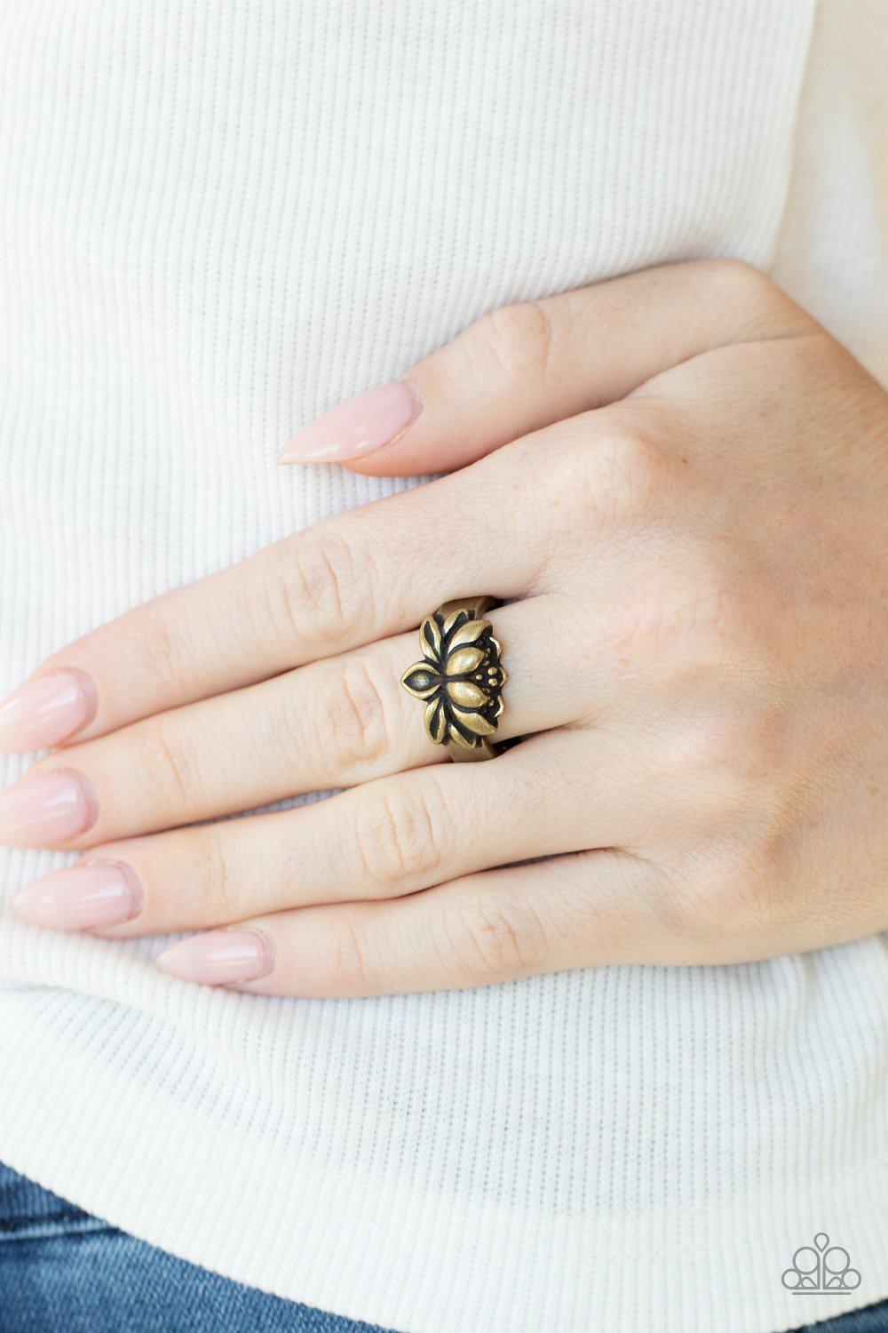 Lotus Crowns Brass Ring - Paparazzi Accessories- on model - CarasShop.com - Paparazzi Jewelry by Cara Jewels