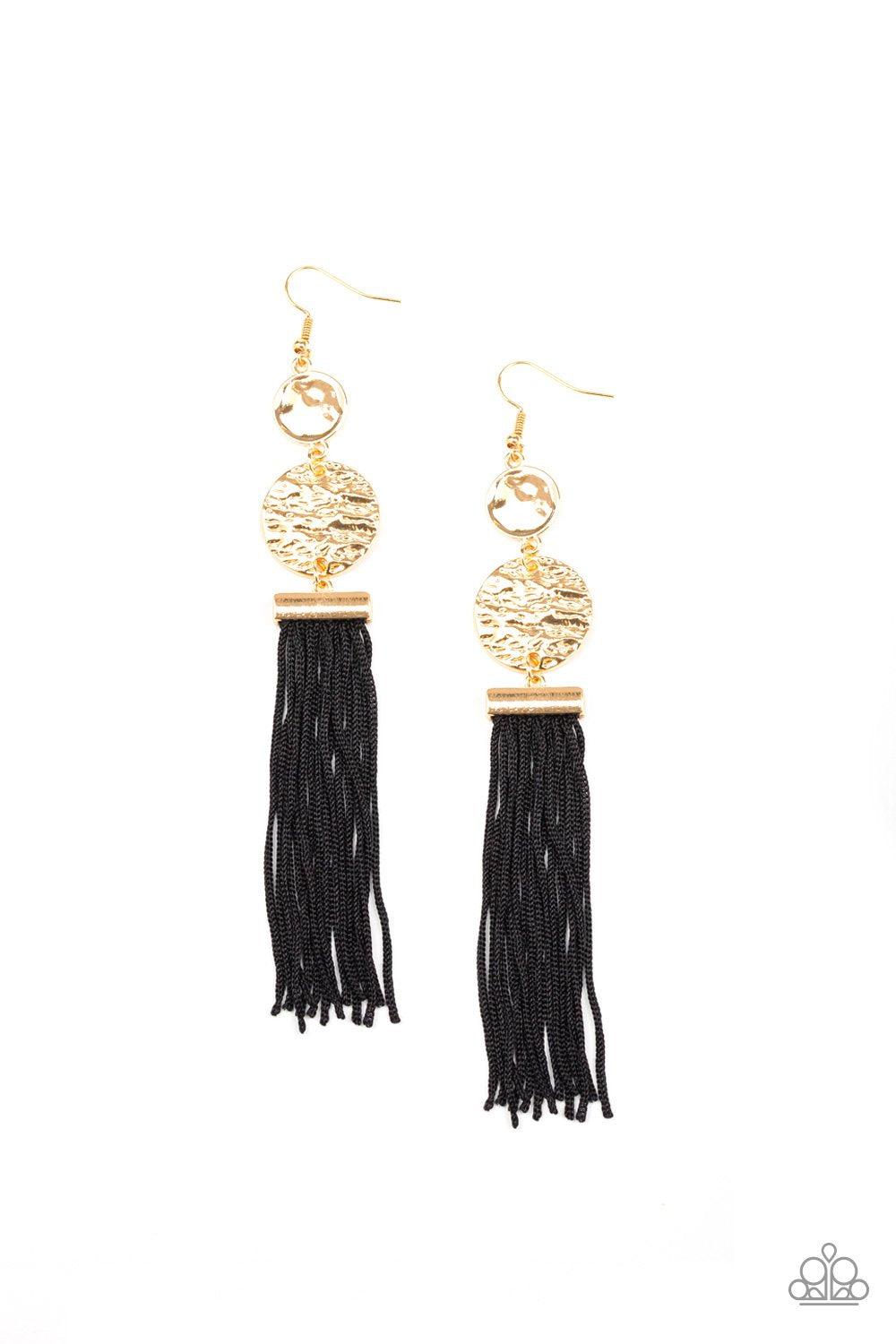 Lotus Gardens Gold and Black Fringe Earrings - Paparazzi Accessories- lightbox - CarasShop.com - Paparazzi Jewelry by Cara Jewels