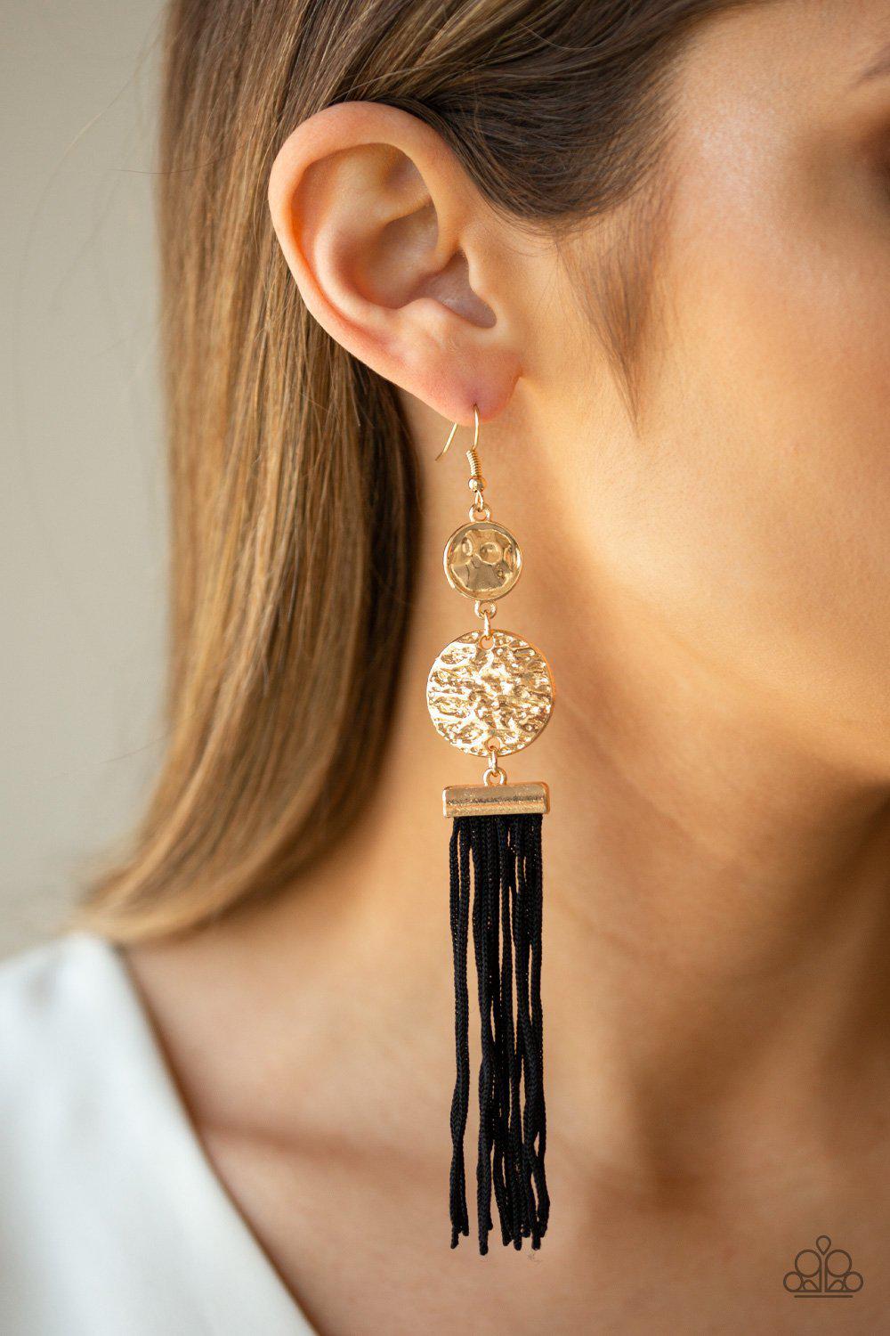 Lotus Gardens Gold and Black Fringe Earrings - Paparazzi Accessories- on model - CarasShop.com - Paparazzi Jewelry by Cara Jewels