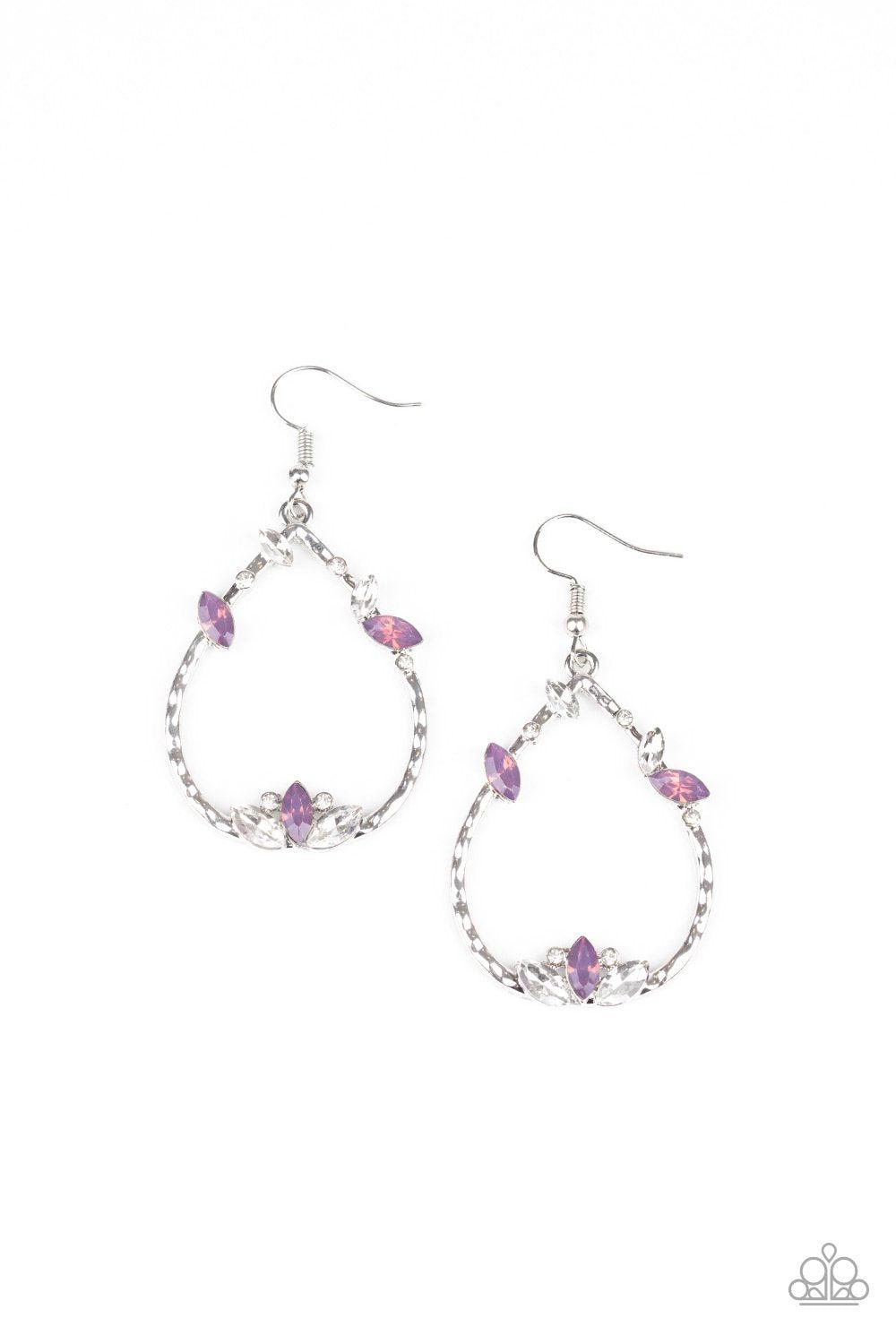 Lotus Ice Purple and Silver Teardrop Earrings - Paparazzi Accessories- on model - CarasShop.com - Paparazzi Jewelry by Cara Jewels