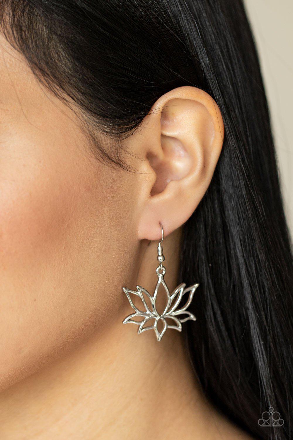 Lotus Ponds Silver Flower Earrings - Paparazzi Accessories- lightbox - CarasShop.com - Paparazzi Jewelry by Cara Jewels