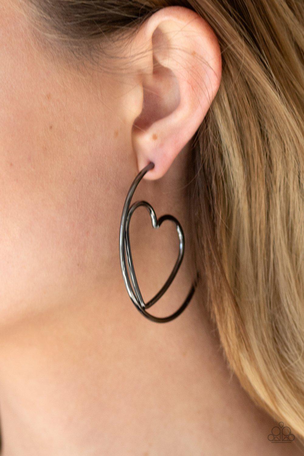 Love At First BRIGHT Gunmetal Black Heart Hoop Earrings - Paparazzi Accessories- lightbox - CarasShop.com - Paparazzi Jewelry by Cara Jewels