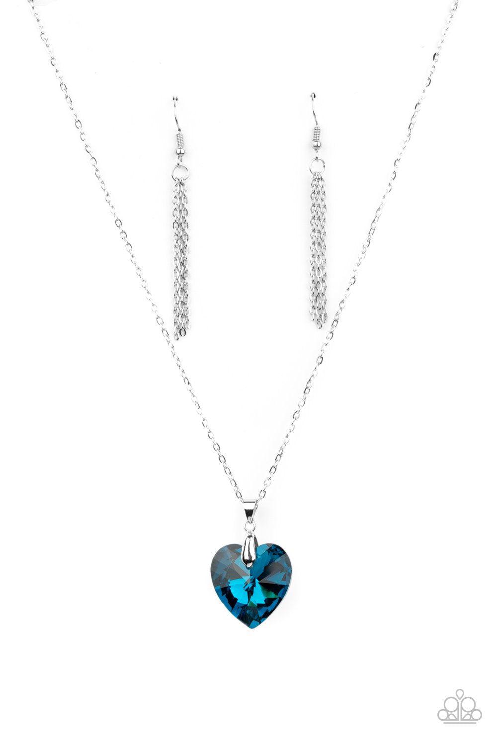 Love Hurts Blue Rhinestone Heart Necklace - Paparazzi Accessories- on model - CarasShop.com - Paparazzi Jewelry by Cara Jewels