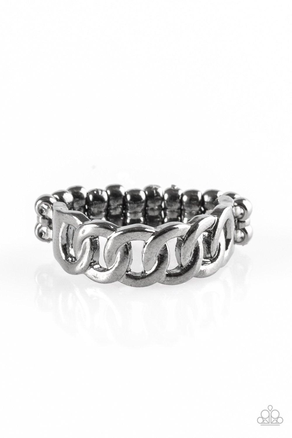 Love Is CHAIN Gunmetal Black Ring - Paparazzi Accessories- on model - CarasShop.com - Paparazzi Jewelry by Cara Jewels