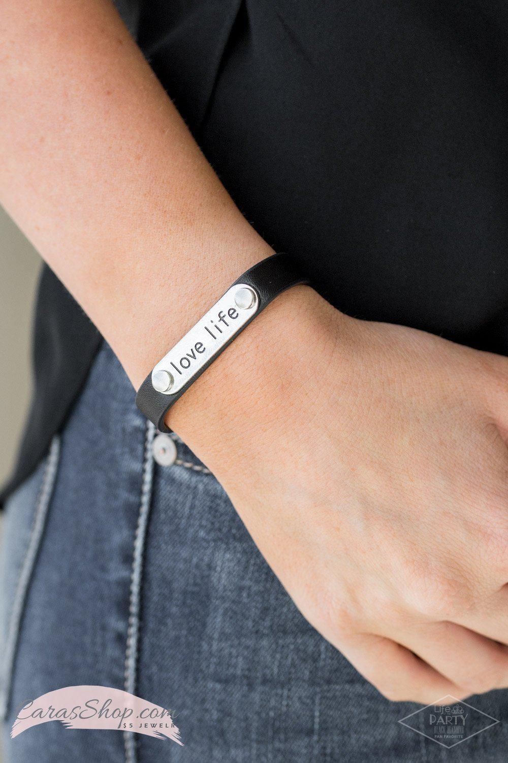 Love-Life Black Leather Wrap Snap Word Bracelet - Paparazzi Accessories- lightbox - CarasShop.com - Paparazzi Jewelry by Cara Jewels