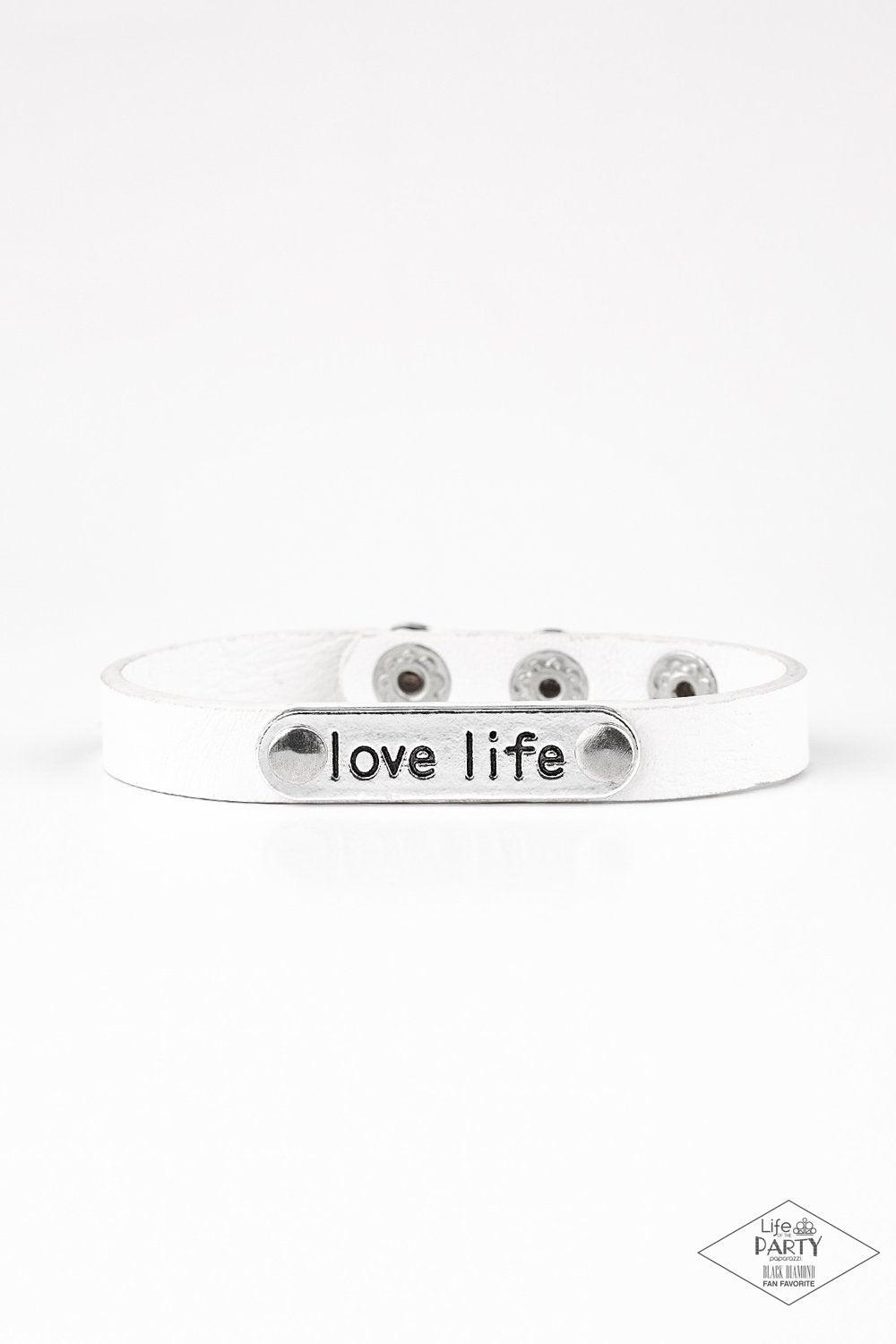 Love-Life White Leather Inspirational Wrap Snap Bracelet - Paparazzi Accessories- lightbox - CarasShop.com - Paparazzi Jewelry by Cara Jewels