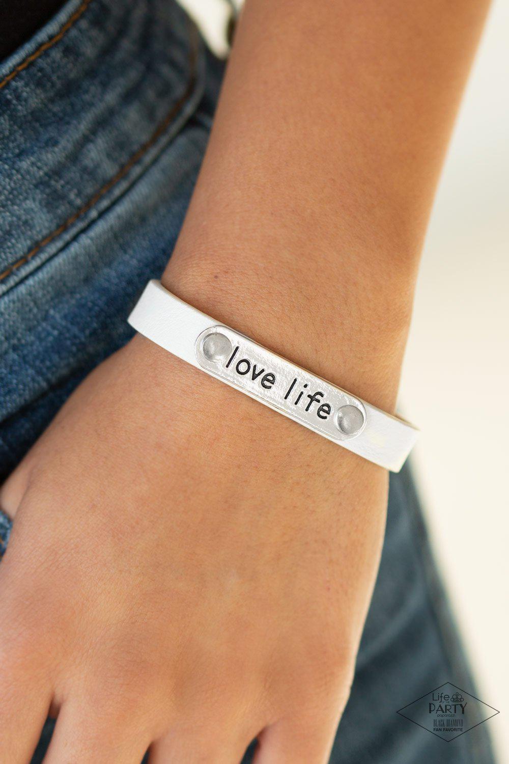 Love-Life White Leather Inspirational Wrap Snap Bracelet - Paparazzi Accessories- on model - CarasShop.com - Paparazzi Jewelry by Cara Jewels