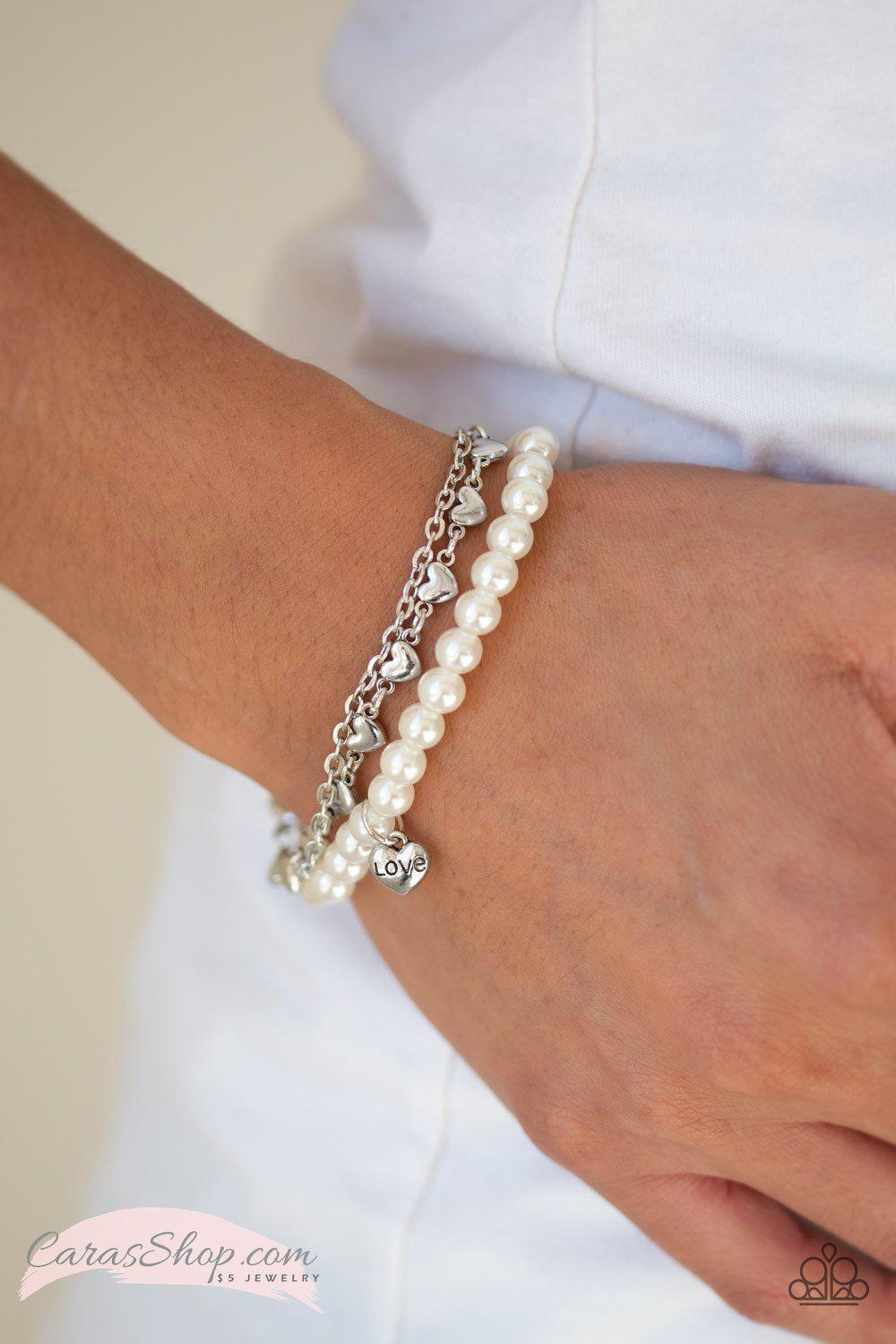 Love Like You Mean It White Pearl Bracelet - Paparazzi Accessories- lightbox - CarasShop.com - Paparazzi Jewelry by Cara Jewels