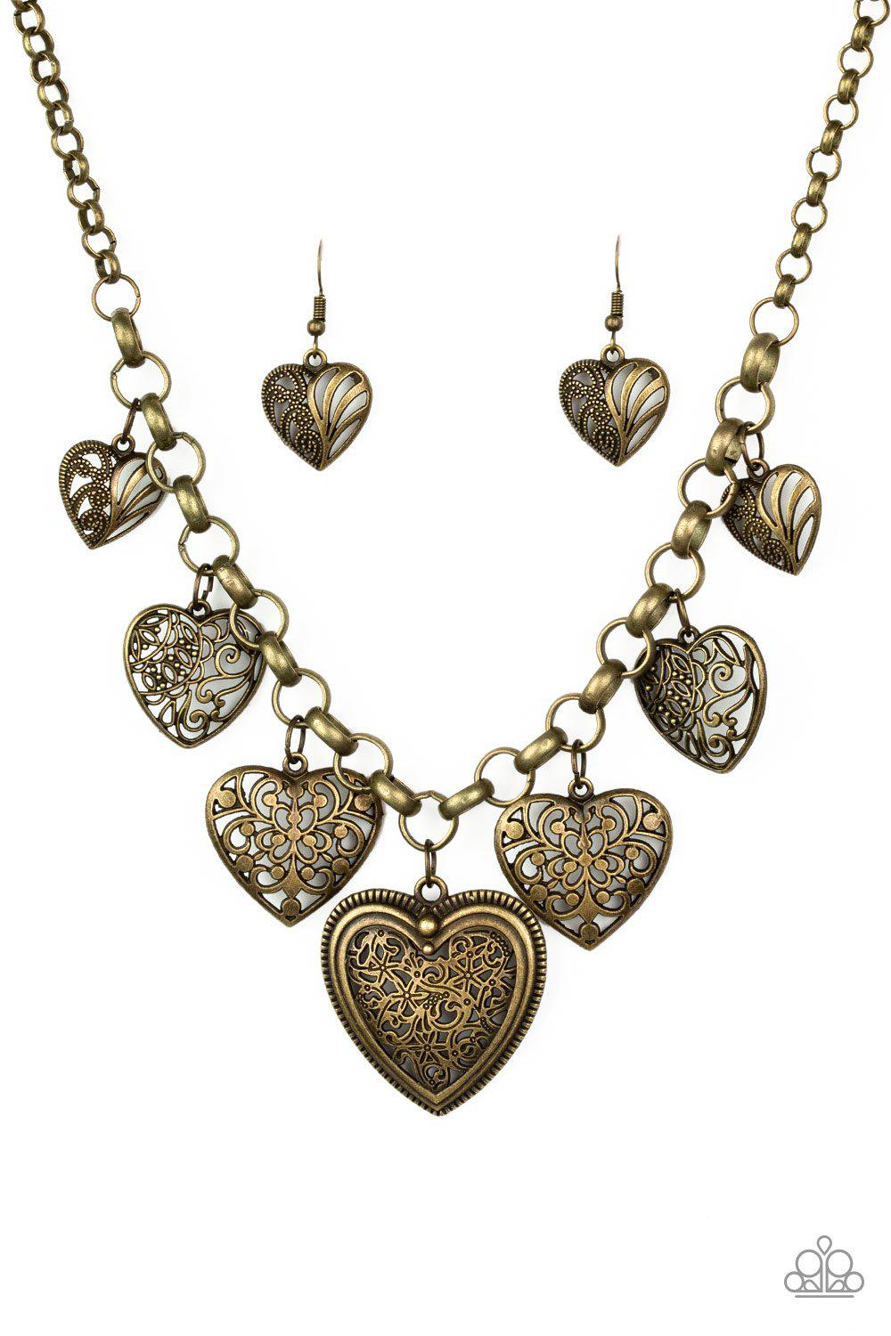 Love Lockets Brass Heart Necklace and matching Earrings - Paparazzi Accessories - free matching earrings -CarasShop.com - Paparazzi Jewelry by Cara Jewels