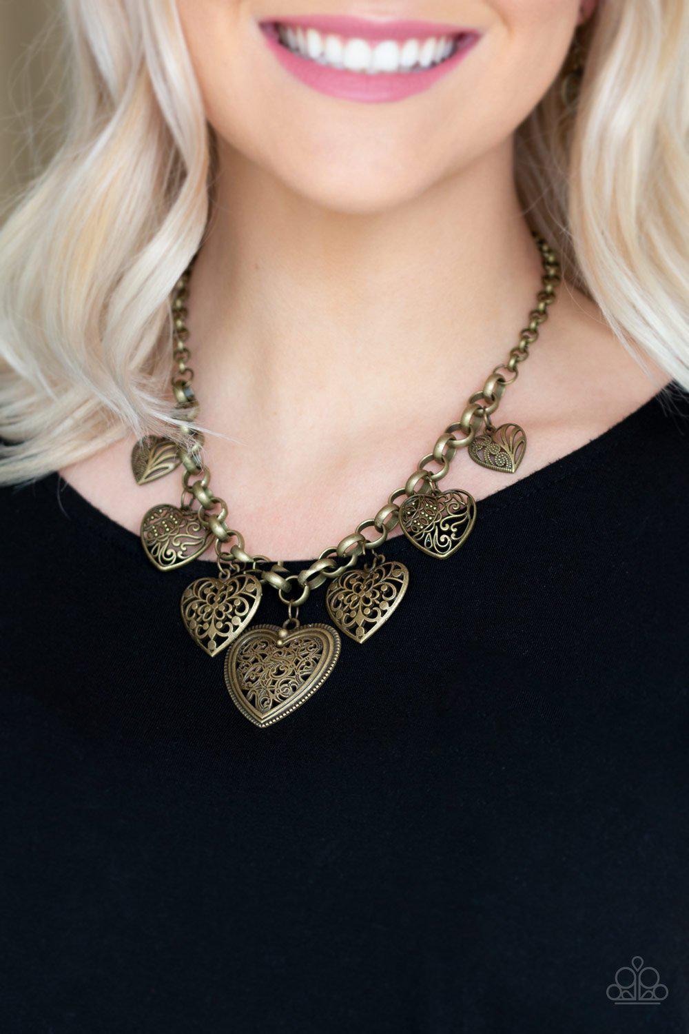 Love Lockets Brass Heart Necklace and matching Earrings - Paparazzi Accessories- lightbox - CarasShop.com - Paparazzi Jewelry by Cara Jewels