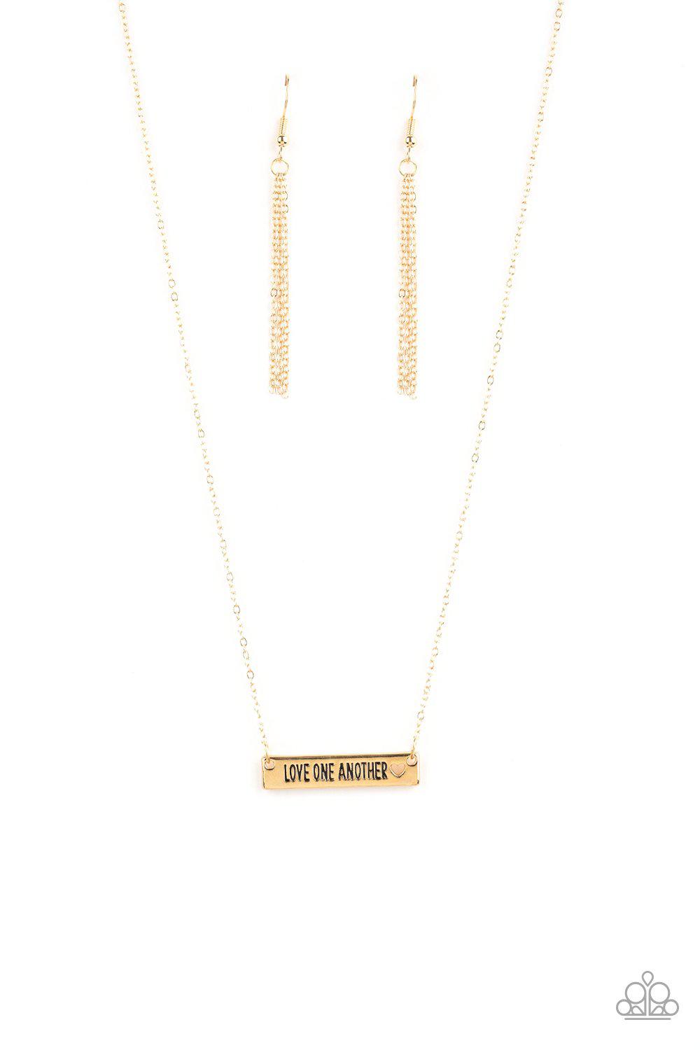 Love One Another Gold Word Necklace - Paparazzi Accessories - free matching earrings -CarasShop.com - Paparazzi Jewelry by Cara Jewels