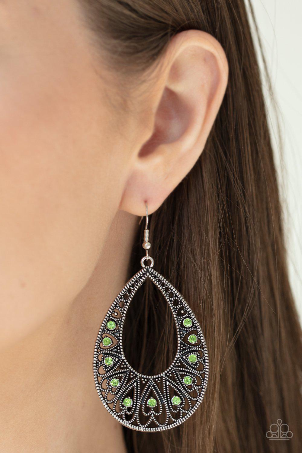 Love To Be Loved Green Teardrop Earrings - Paparazzi Accessories- on model - CarasShop.com - Paparazzi Jewelry by Cara Jewels