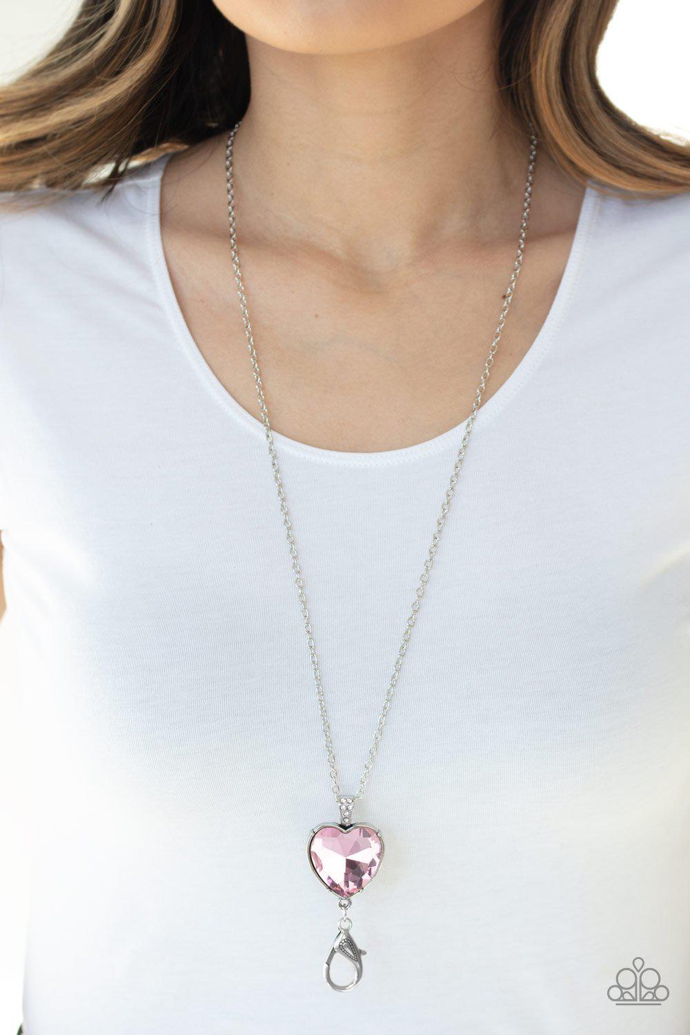 Lovely Luminosity Pink Rhinestone Heart Lanyard Necklace - Paparazzi Accessories- lightbox - CarasShop.com - Paparazzi Jewelry by Cara Jewels