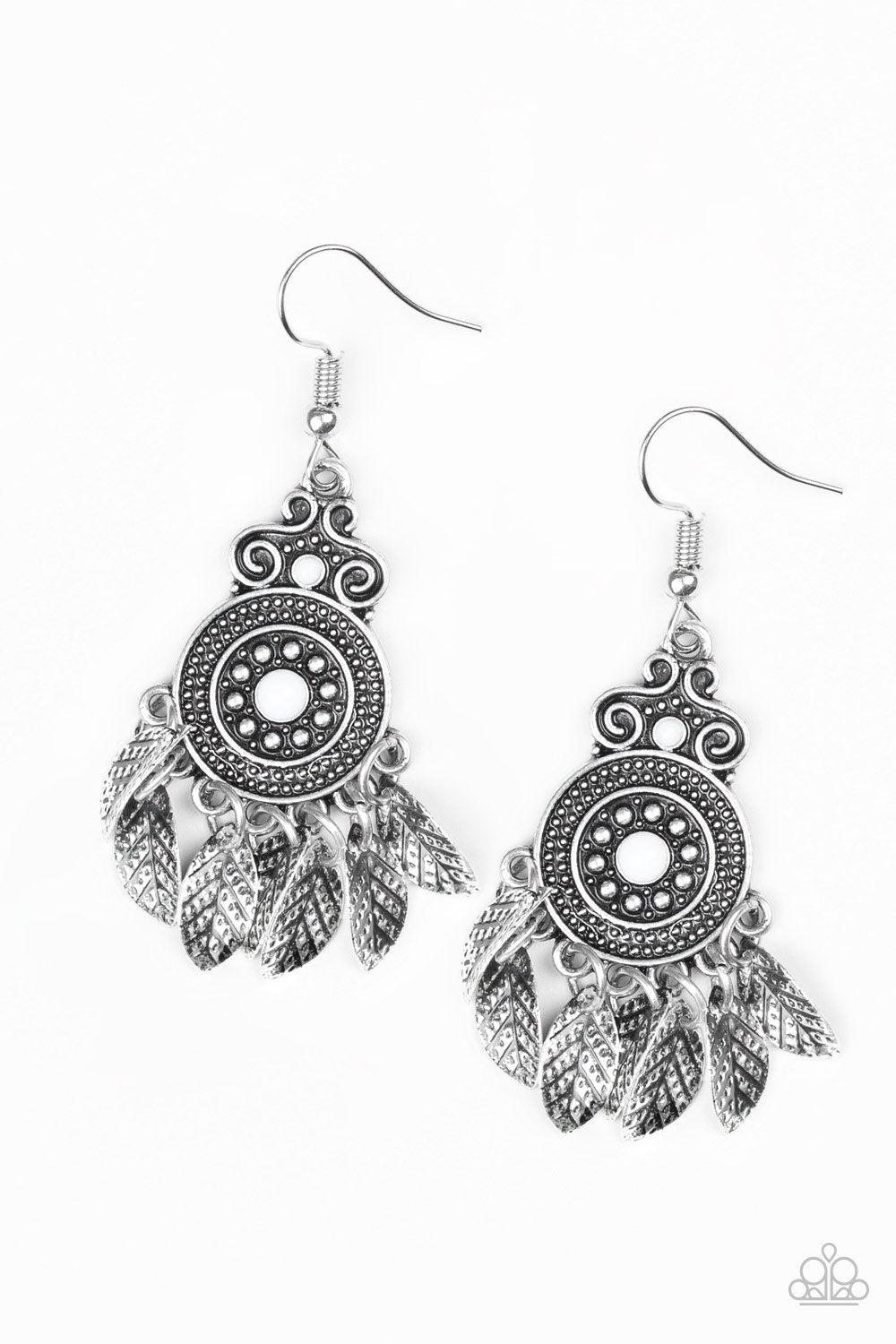 Lower East WILDSIDE White and Silver Leaf Earrings - Paparazzi Accessories- lightbox - CarasShop.com - Paparazzi Jewelry by Cara Jewels
