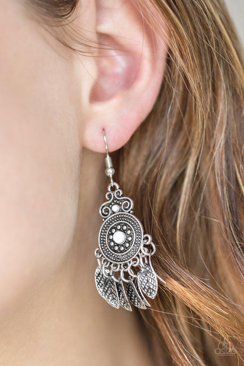 Lower East WILDSIDE White and Silver Leaf Earrings - Paparazzi Accessories- on model - CarasShop.com - Paparazzi Jewelry by Cara Jewels