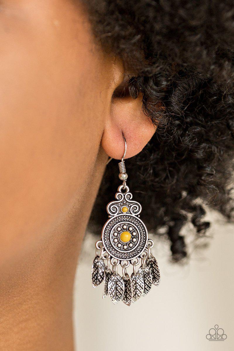 Lower East WILDSIDE Yellow Earrings - Paparazzi Accessories- on model - CarasShop.com - Paparazzi Jewelry by Cara Jewels