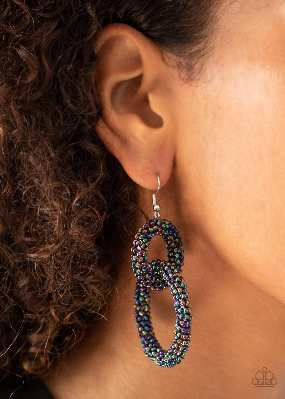 Luck BEAD A Lady Multi "Oil Spill" Seed Bead Earrings - Paparazzi Accessories- on model - CarasShop.com - Paparazzi Jewelry by Cara Jewels