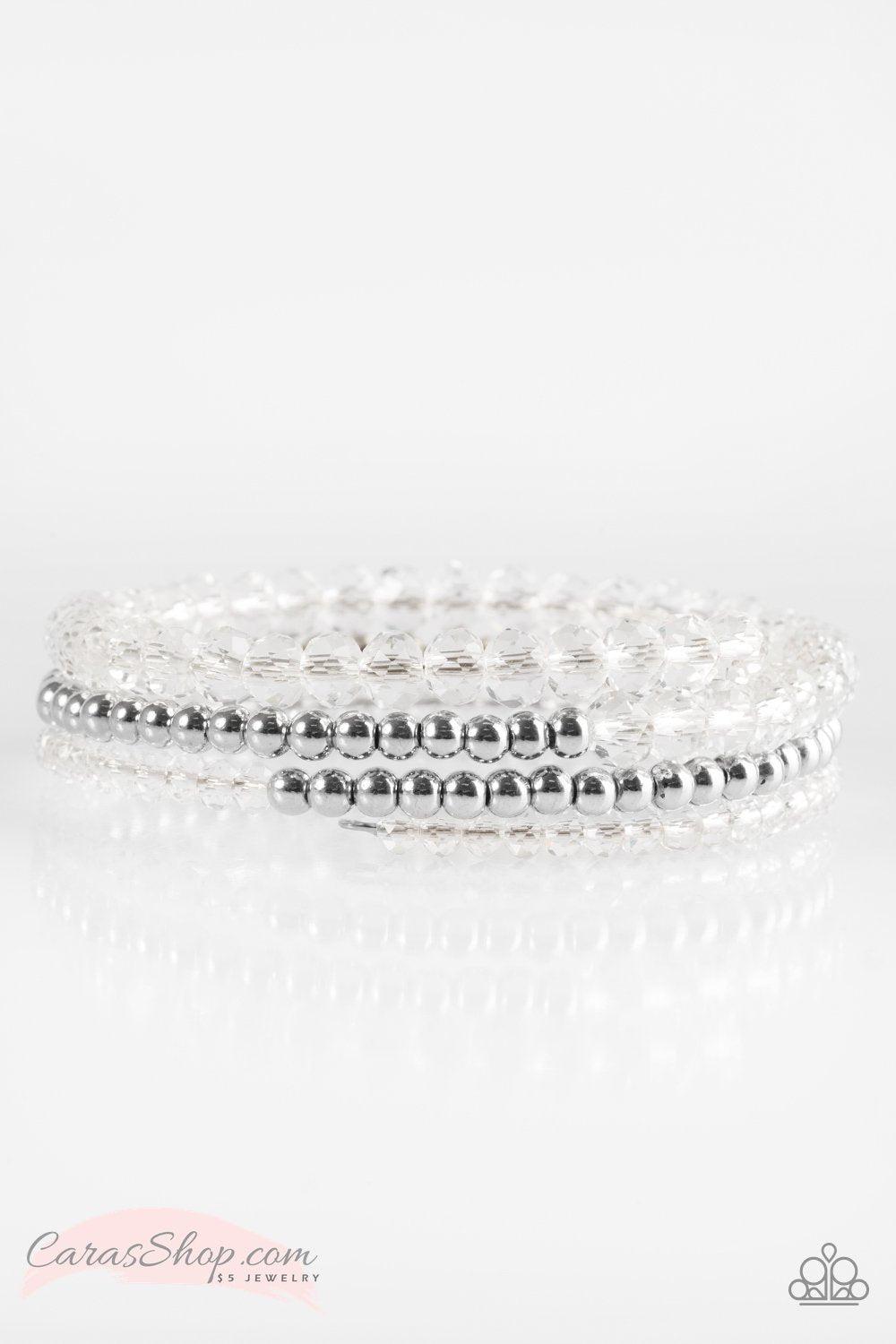 Luminous Lustre White Infinity Wrap Bracelet - Paparazzi Accessories- on model - CarasShop.com - Paparazzi Jewelry by Cara Jewels