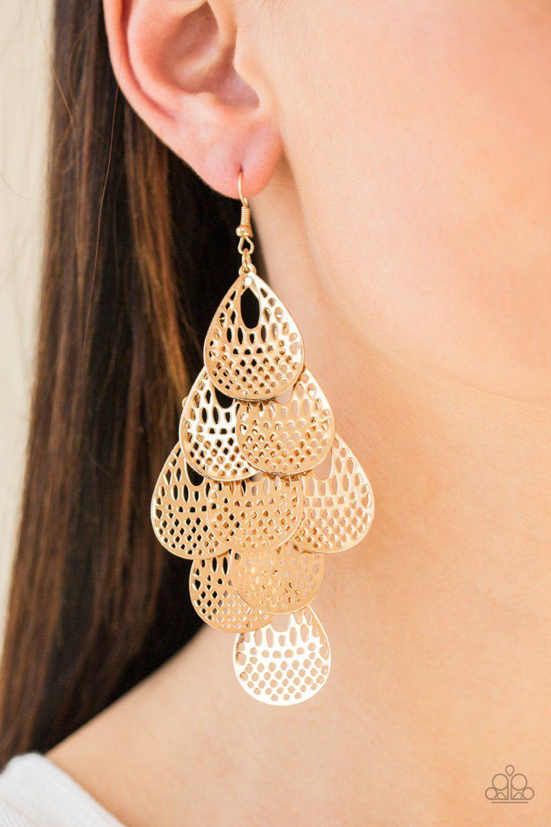 Lure Them In Gold Cascading Teardrop Earrings - Paparazzi Accessories- lightbox - CarasShop.com - Paparazzi Jewelry by Cara Jewels