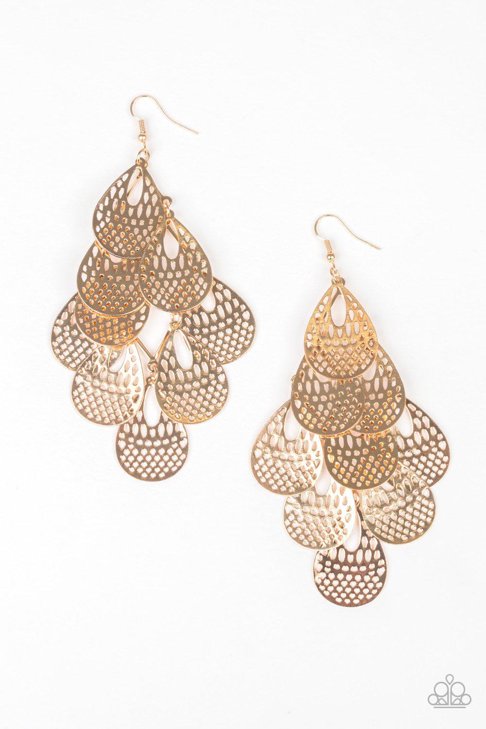 Lure Them In Gold Cascading Teardrop Earrings - Paparazzi Accessories- on model - CarasShop.com - Paparazzi Jewelry by Cara Jewels