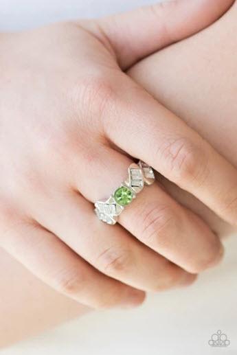 Luxury Loot White and Green Rhinestone Ring - Paparazzi Accessories- lightbox - CarasShop.com - Paparazzi Jewelry by Cara Jewels