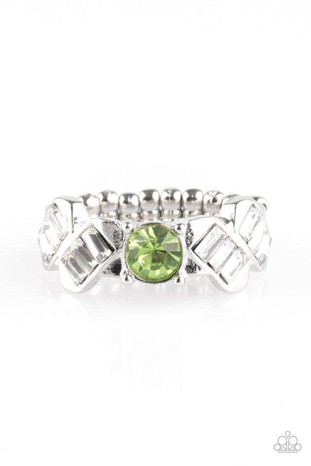 Luxury Loot White and Green Rhinestone Ring - Paparazzi Accessories- on model - CarasShop.com - Paparazzi Jewelry by Cara Jewels