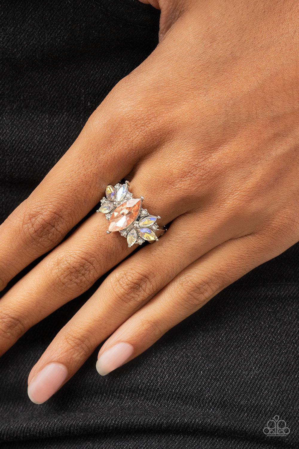 Luxury Luster Orange Iridescent Rhinestone Ring - Paparazzi Accessories- on model - CarasShop.com - Paparazzi Jewelry by Cara Jewels