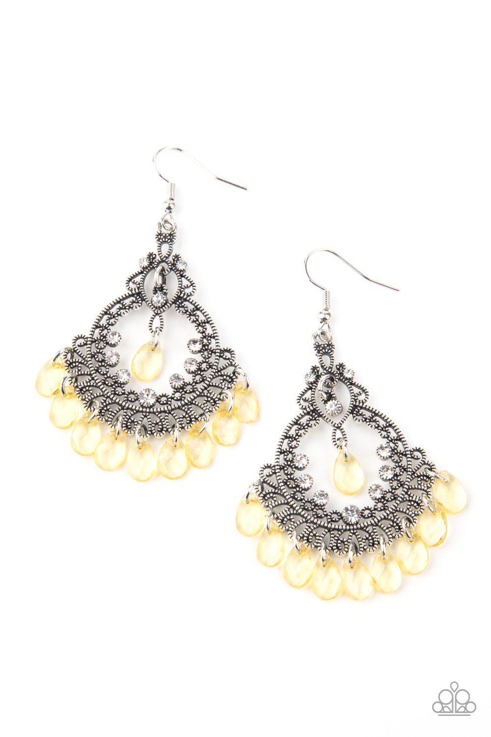Lyrical Luster Yellow Chandelier Earrings - Paparazzi Accessories- on model - CarasShop.com - Paparazzi Jewelry by Cara Jewels