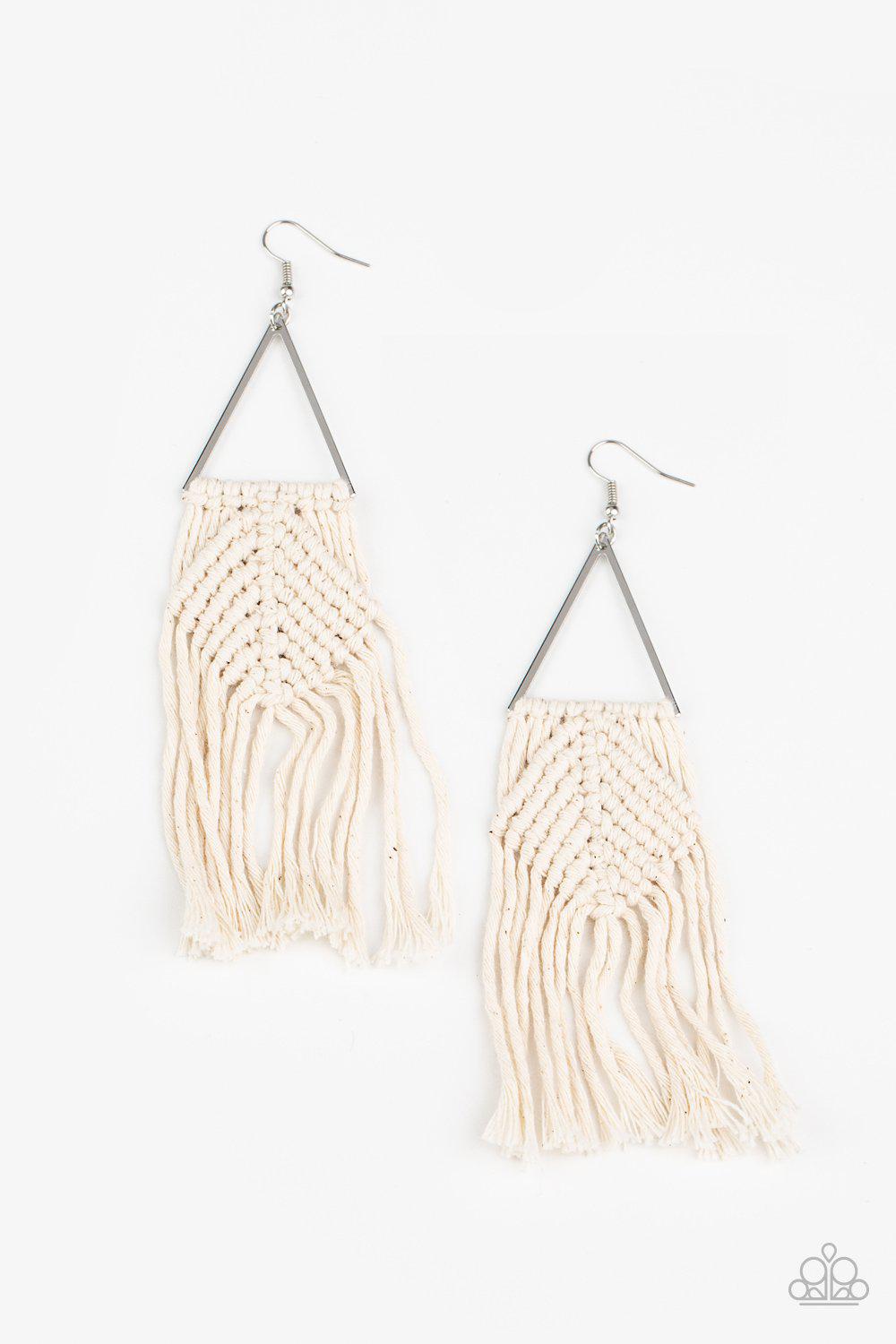 Macrame Jungle White Macrame Earrings - Paparazzi Accessories- lightbox - CarasShop.com - Paparazzi Jewelry by Cara Jewels