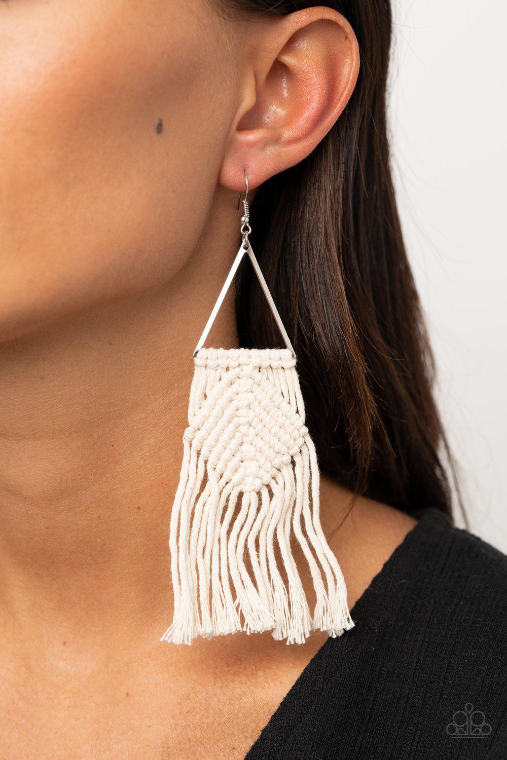 Macrame Jungle White Macrame Earrings - Paparazzi Accessories- lightbox - CarasShop.com - Paparazzi Jewelry by Cara Jewels