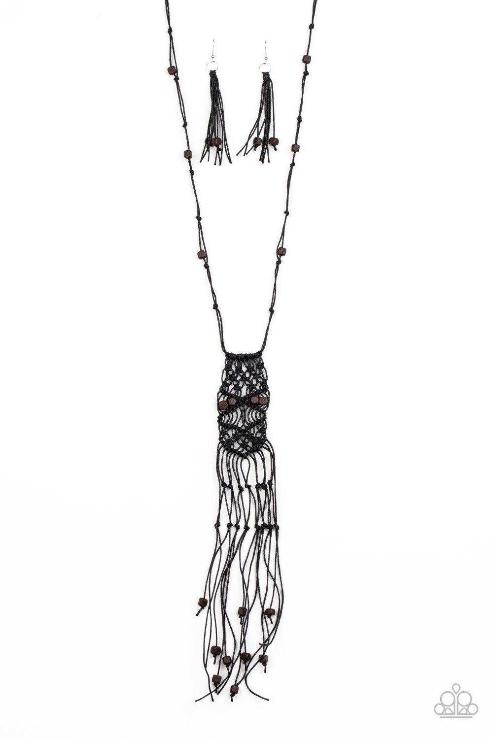 Macrame Majesty Black Macrame and Wood Necklace - Paparazzi Accessories- lightbox - CarasShop.com - Paparazzi Jewelry by Cara Jewels