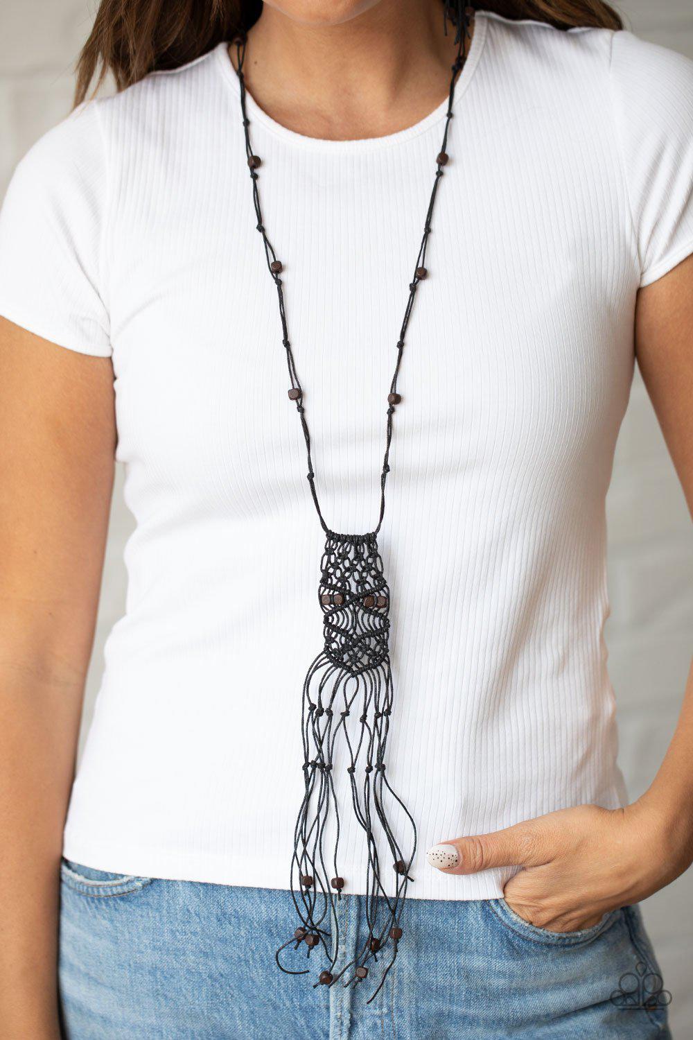 Macrame Majesty Black Macrame and Wood Necklace - Paparazzi Accessories- on model - CarasShop.com - Paparazzi Jewelry by Cara Jewels