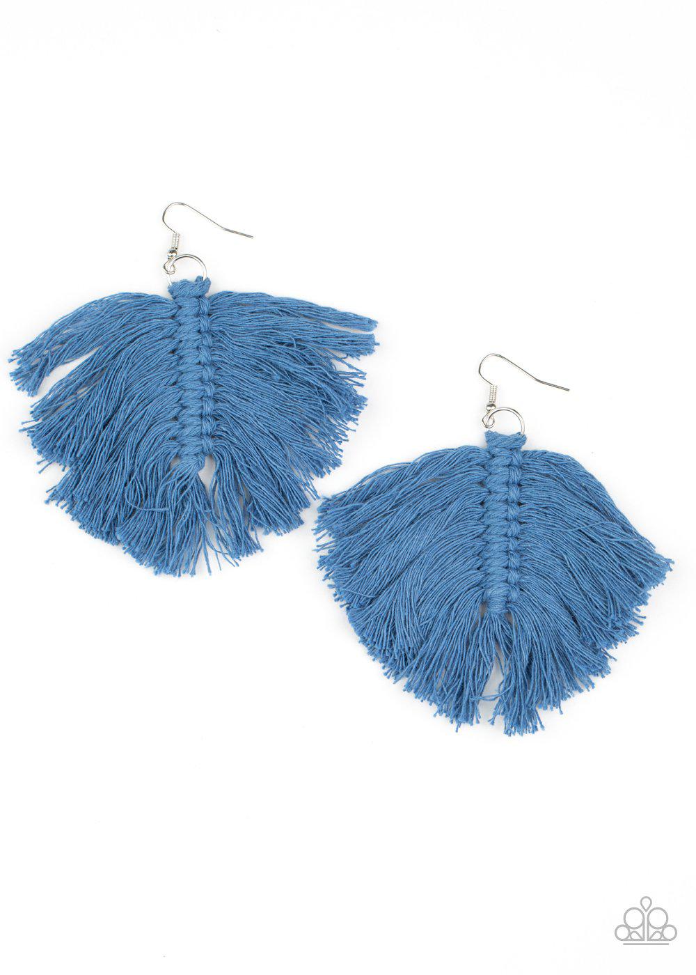 Macrame Mamba Blue Fringe Earrings - Paparazzi Accessories- lightbox - CarasShop.com - Paparazzi Jewelry by Cara Jewels