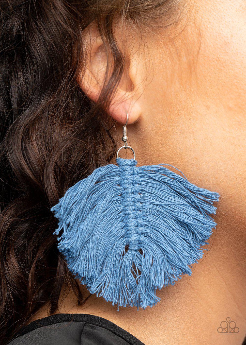 Macrame Mamba Blue Fringe Earrings - Paparazzi Accessories- on model - CarasShop.com - Paparazzi Jewelry by Cara Jewels