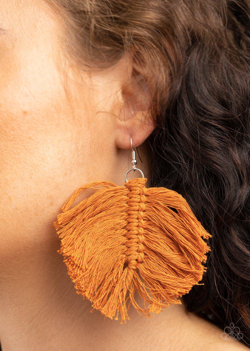 Macrame Mamba Brown Fringe Earrings - Paparazzi Accessories- lightbox - CarasShop.com - Paparazzi Jewelry by Cara Jewels