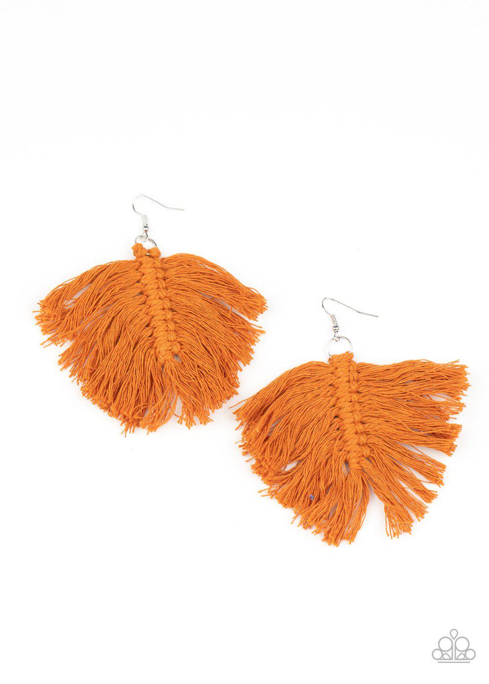 Macrame Mamba Brown Fringe Earrings - Paparazzi Accessories- on model - CarasShop.com - Paparazzi Jewelry by Cara Jewels