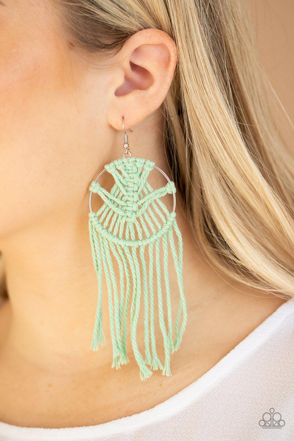 MACRAME, Myself and I Mint Green Earrings - Paparazzi Accessories- on model - CarasShop.com - Paparazzi Jewelry by Cara Jewels