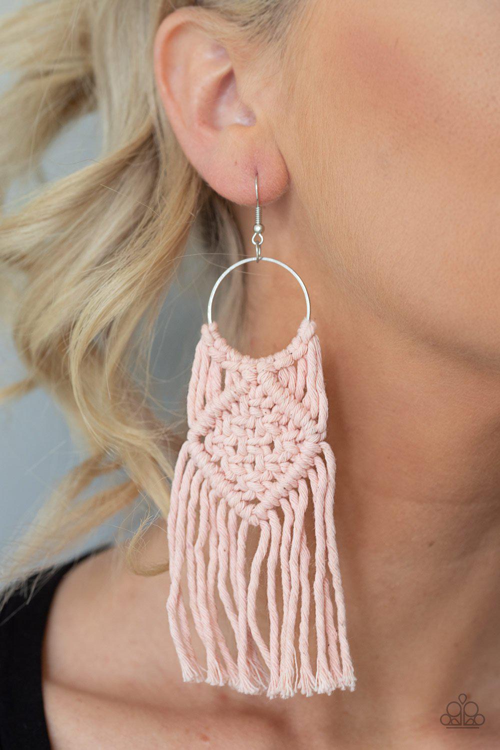 Macrame Rainbow Pink Earrings - Paparazzi Accessories- lightbox - CarasShop.com - Paparazzi Jewelry by Cara Jewels
