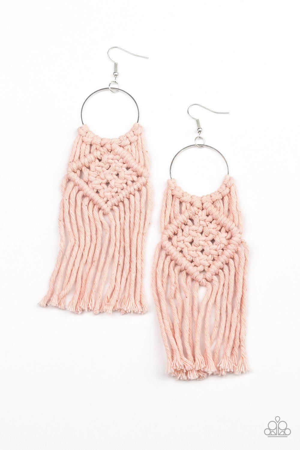 Macrame Rainbow Pink Earrings - Paparazzi Accessories- on model - CarasShop.com - Paparazzi Jewelry by Cara Jewels