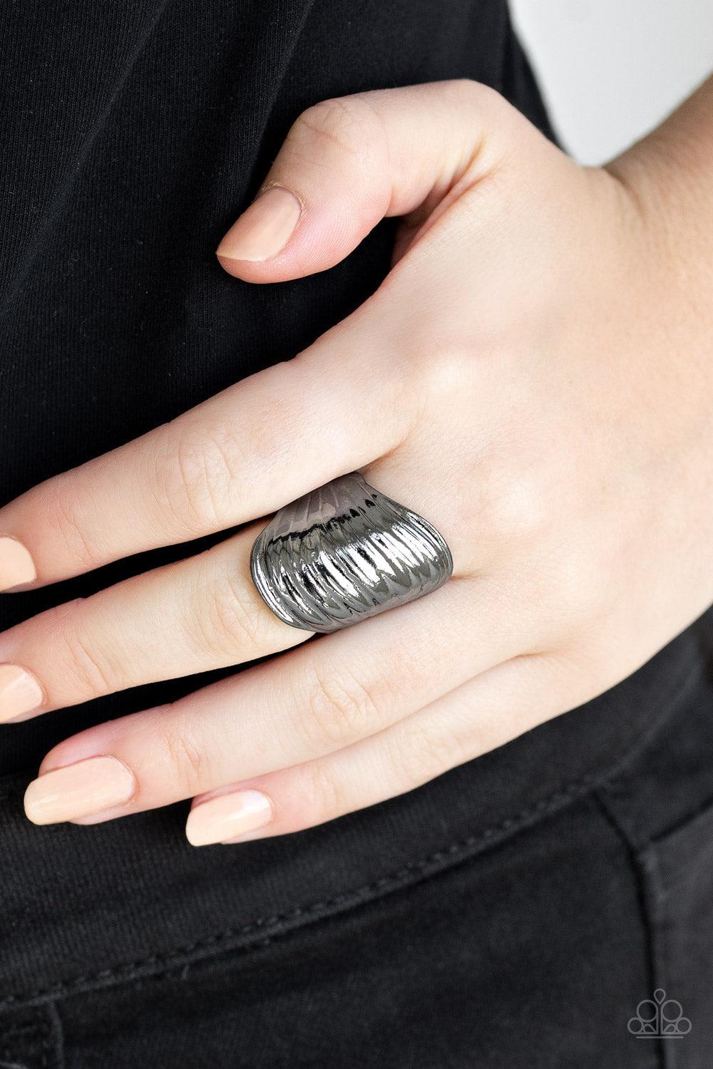 Made That SWAY Gunmetal Black Ring - Paparazzi Accessories- on model - CarasShop.com - Paparazzi Jewelry by Cara Jewels