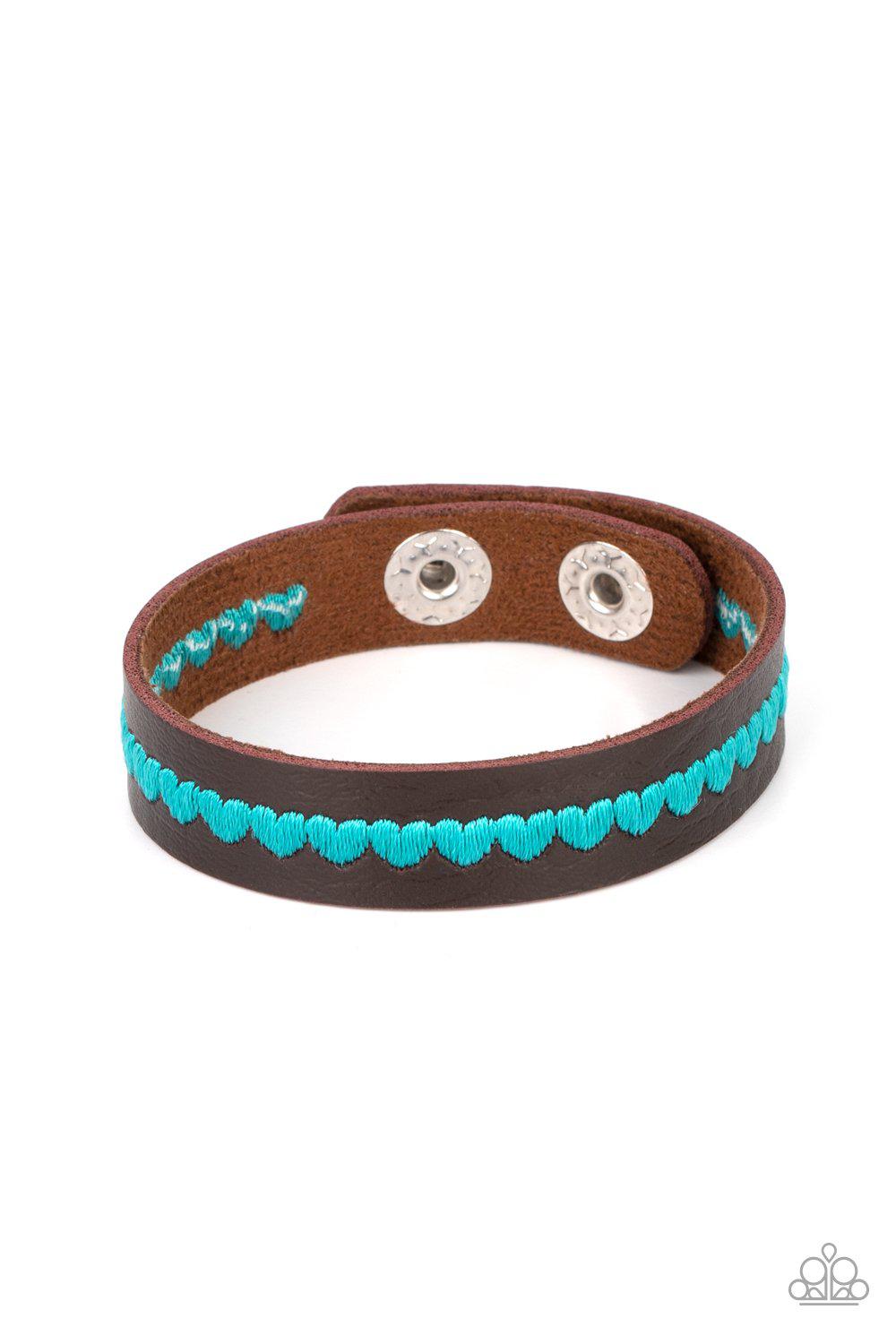 Made With Love Blue Heart and Brown Leather Urban Wrap Snap Bracelet - Paparazzi Accessories- lightbox - CarasShop.com - Paparazzi Jewelry by Cara Jewels