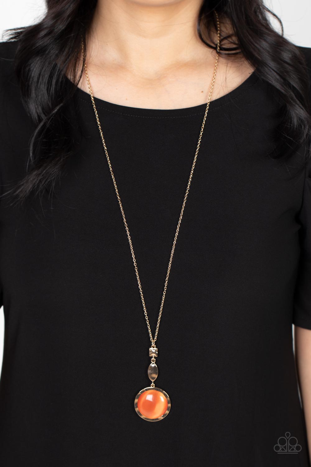 Magic Carpet Cruise Orange Cat's Eye Stone Necklace - Paparazzi Accessories- on model - CarasShop.com - Paparazzi Jewelry by Cara Jewels