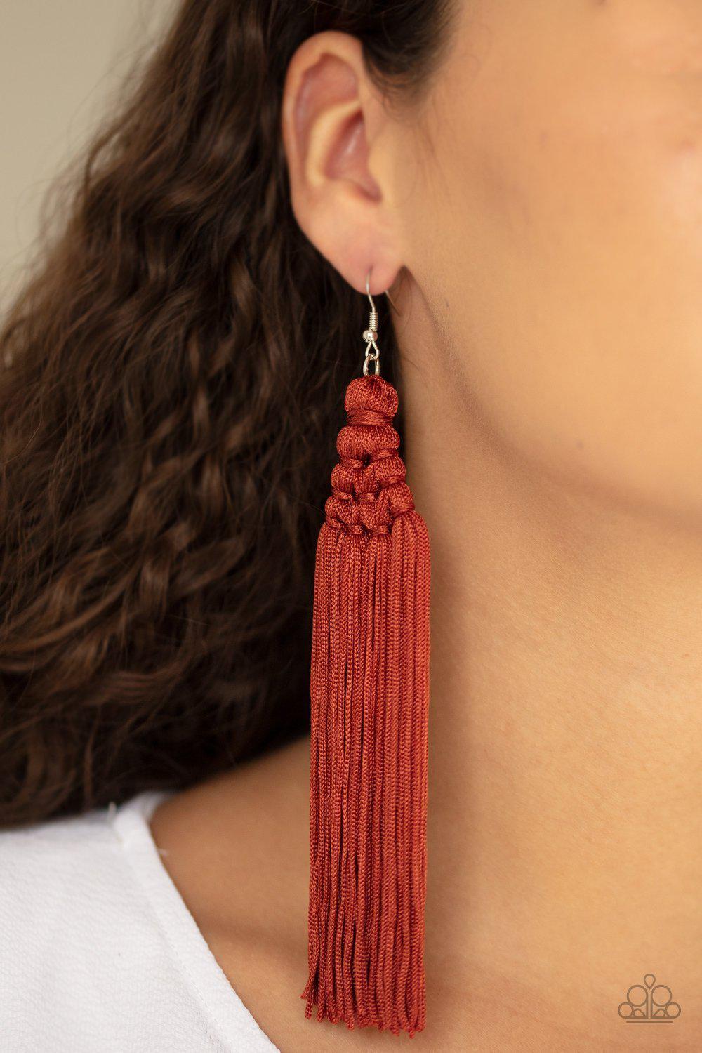 Magic Carpet Ride Cinnamon Stick Brown Tassel Earrings - Paparazzi Accessories- lightbox - CarasShop.com - Paparazzi Jewelry by Cara Jewels