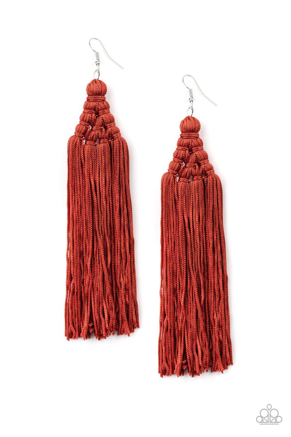 Magic Carpet Ride Cinnamon Stick Brown Tassel Earrings - Paparazzi Accessories- on model - CarasShop.com - Paparazzi Jewelry by Cara Jewels