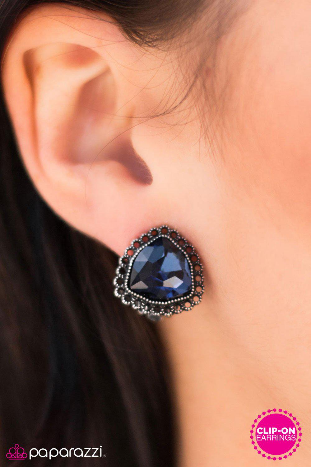 Magic Moment Blue Rhinestone Clip-on Earrings - Paparazzi Accessories- on model - CarasShop.com - Paparazzi Jewelry by Cara Jewels